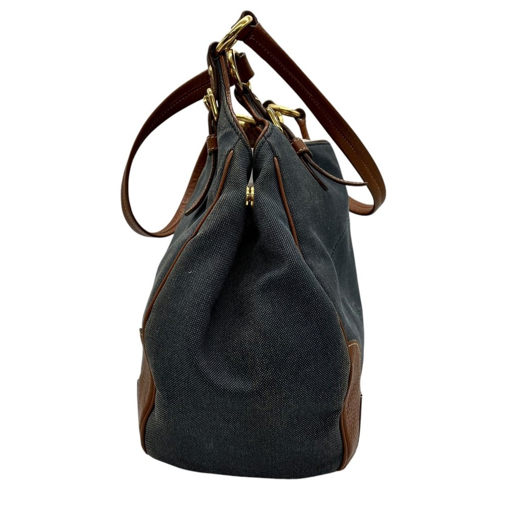 PRADA Prada Logo Jacquard Tote Bag Shoulder Denim Leather Blue Brown Gold Har... - Picture 6 of 16